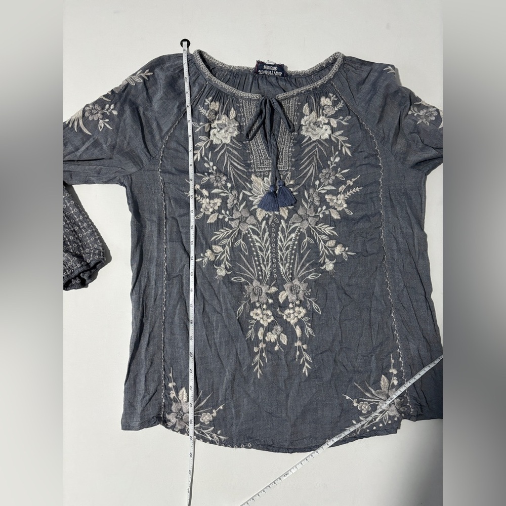 Johnny Was Workshop Oleander Marrakesh Blouse Chambray White Blue Size XS - Picture 8 of 11